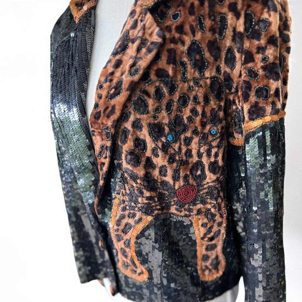 🌻Vintage MODI Exotic Leopard Jeweled Beaded Silk Jacket Circa 1980s Size Medium - Picture 7 of 12